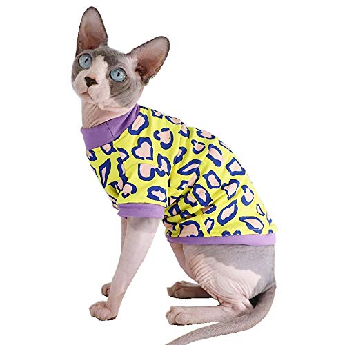 Sphynx Hairless Cat Cute Summer Cotton T-Shirts Pet Clothes,Round Collar Kitten Shirts Cats Apparel (Leopard, Medium (Pack of 1)