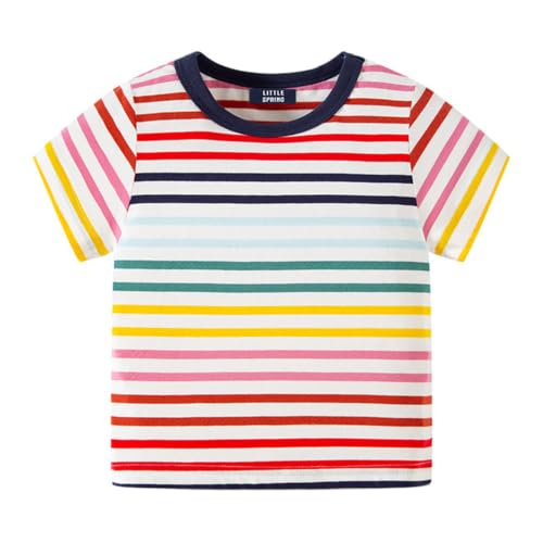 Image of LittleSpring Boys Girls T Shirt Rainbow Striped Cotton Crewneck Tees for Kids Fashion