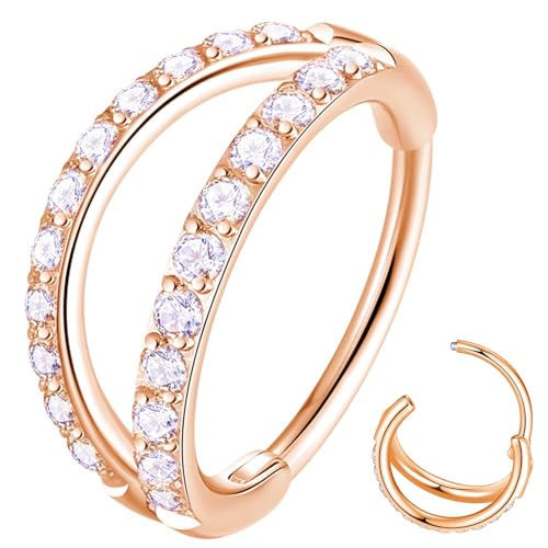 ORANGELOVE 20G 8mm Rose Gold Double Open Stack CZ Nose Ring Hoop 316L Surgical Steel Helix Rook Conch Cartilage Daith Tragus Earrings Hinged Segment Nostril Piercing Septum Clicker 20 Gauge Lip Ring
