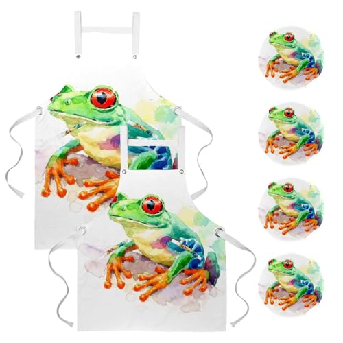 Lot de 2 tabliers de cuisine motif grenouille aquarelle réglables pour bar et restaurant