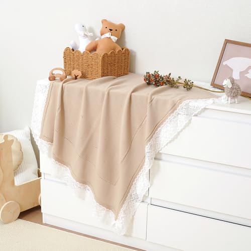 Image of mimixiong 100% Pure Cotton Baby Blanket Extra Soft Cellular Neutral Swaddle Receiving Crib Blanket for Newborn Baby Boy Girl Size 30 x 40 inches (Camel -lace)