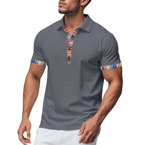 Polo col en V pour homme t-shirt manches courtes ethnique rayé d'été