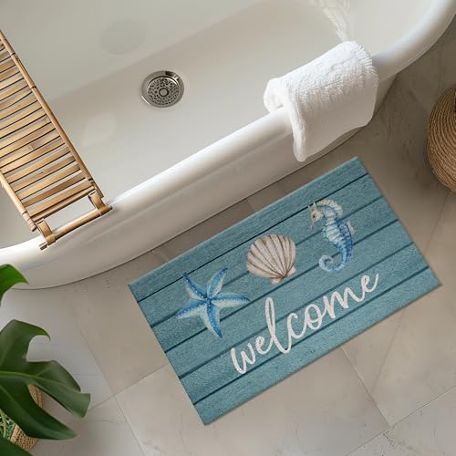 Jvpke Beach Welcome Mat for Front Door, Beach Door Mat, Starfish Seashell Seahorse Beachy Door Mats Indoor Outdoor Entrance Porch, Ocean Beachy Baths Mats for Bathroom, 17x30 Inches - Image 6