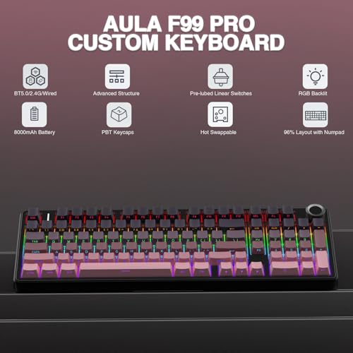 AULA F99 Pro Wireless Mechanical Keyboard with Knob,Tri-Mode BT5.0/USB-C/2.4GHz Hot Swappable Keyboard,Pre-lubed Switches,RGB Backlit Computer Gaming Keyboards - Image 3