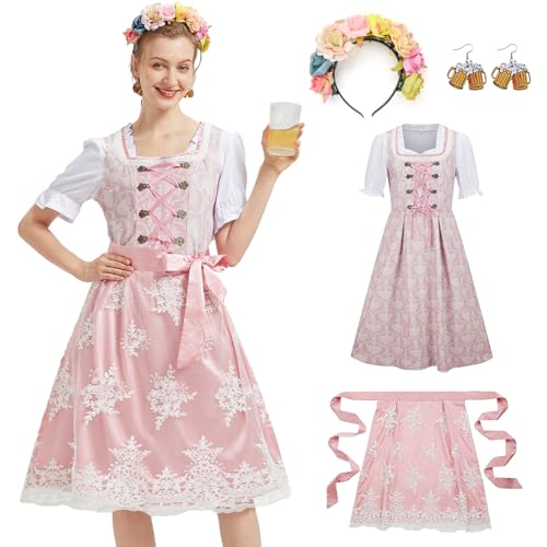 Ezuwail 5-Teilig Dirndl für Damen Günstig Damen Grosse Grössen Lang, Dirndl-komplettsets Billig, Oktoberfest Dirndelkleider Aus Bluse, Kleid, Schürze, Blumengirlande