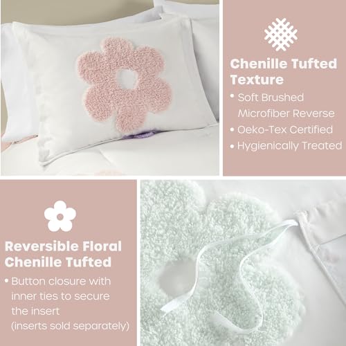 Urban Habitat Kids Twin Duvet Cover Set for Girls, Tufted Chenille Floral Duvet Set Twin, Lightweight Polka Dot Duvet Reversible Bedding Cover, Sham, Pillow, Gracie, Twin White/Purple 3 Piece