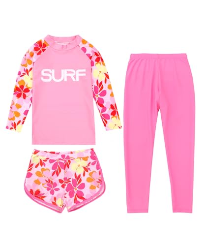 Girls 3 Piece Swimsuit Long Sleeve Rash Guard Swim Shirt with Trunks & Pants UPF 50+ Swimwear