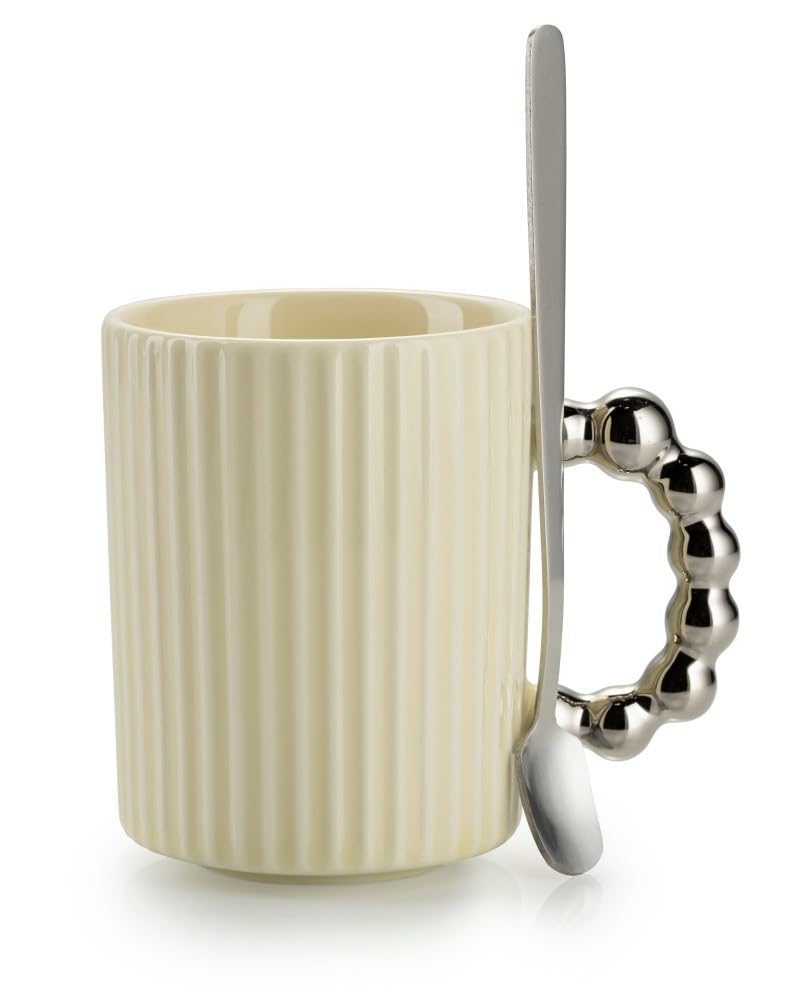 Service à café en céramique pour 4 personnes – Set avec théière, 4 tasses et plateau de service – Service à café crème avec poignée en métal – Idéal pour le service à café ou à thé