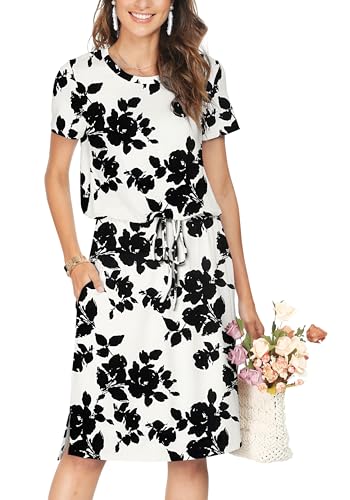 Image of Simier Fariry Women Summer Midi Knee Casual Dress Pocket Hide Belly Short Sleeve Spring Work Travel Teacher Outfit