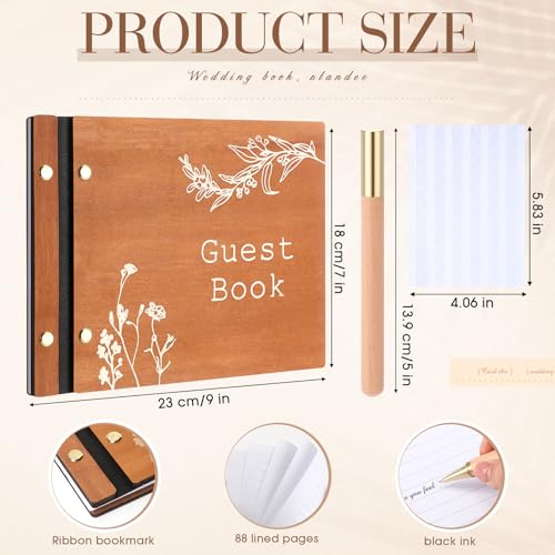 Image of Engrowtic Wooden Wedding Guest Book Set with Pen and Photo Stickers, 88 Lined Pages Keepsake Guest Book for Weddings, Celebrations, Memorial, 9x7 Personalized Guestbook in Hard Cover and Table Sign