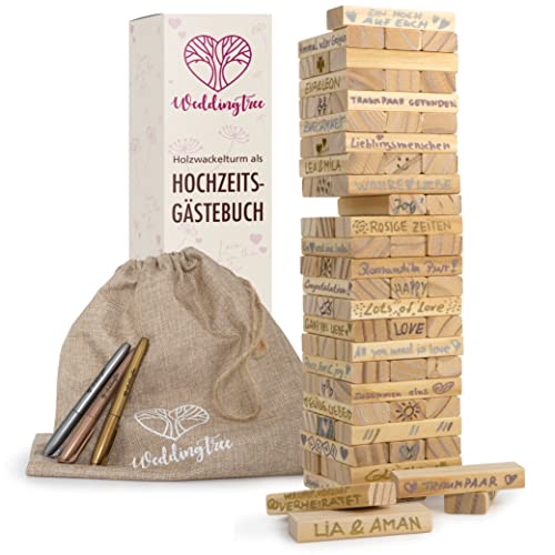 Torre de Madera WeddingTree como Libro de Invitados Boda - con 72 Piedras, Bolsa de Almacenaje y 3 Rotuladores Metálicos - Libro Firmas Boda como Alternativa al Libro de Visitas - Ideas para la Boda