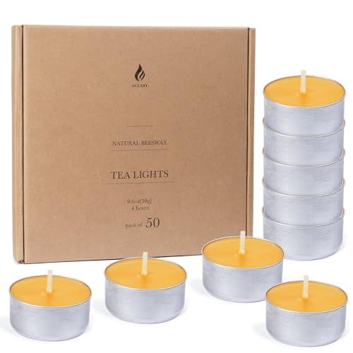50-Pack Pure Beeswax Tealight Candles in Aluminum Cups - 4-5