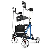 GreenChief Upright Walker, Stand Up Rollator Walker Armrest Walker with Shock Absorber for Seniors Adults, Folding Tall Rolling Mobility Walking Aid, Suitable for Indoor Outdoor, Blue