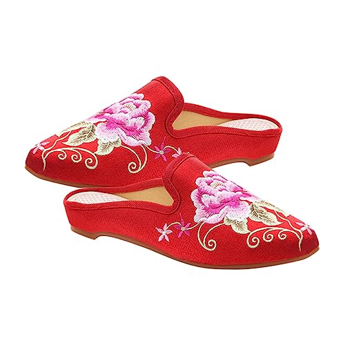 Pantoufles brodées femmes confortables en coton et chaussons ethniques rouge extérieur intérieur 39