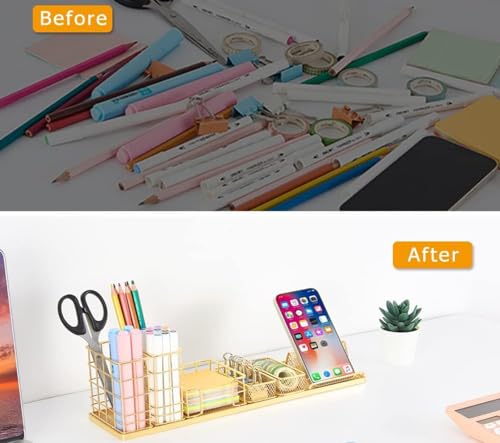 Image of Metal Desk Organizer Set with Mobile Stand, Pen Holder & Sticky Note Tray | Multipurpose Office Table Organizer for Study Desk, Home & Office (Gold)