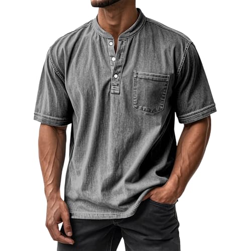 Men's Shirts Short Sleeve Henley Shirt Men's Cotton Summer Top with Chest Pockets Vintage T-Shirts Loose Fit Summer Shirt Classic Polo Shirt Casual Sweatshirt Button Down Casual Shirts, gray, 4XL