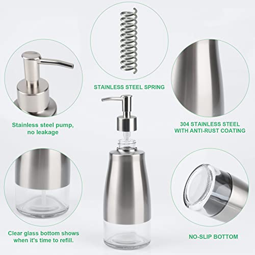 Monige Hand Soap And Lotion Dispenser Set Bathroom Countertop Kitchen Dish Soap Brushed Nickel Pump Container Stainless Steel Frame With Clear Glass Bottle Liner Rust Proof, 12 Stickers, 11Oz/320Ml #TOP2