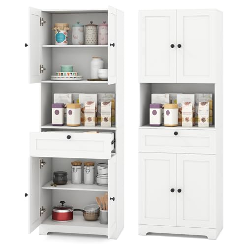 Image of Giantex Kitchen Pantry Cabinet, 67.5" Tall Floor Storage Cabinet w/4 Doors & 1 Drawer, Modern Freestanding Bathroom Organizer w/Open Countertop & Adjustable Shelf for Dining Room, Living Room (White)