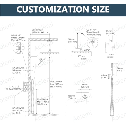 Image of Aolemi Ceiling Shower Faucet Set System Dual Head 12&6 Inch Matte Black