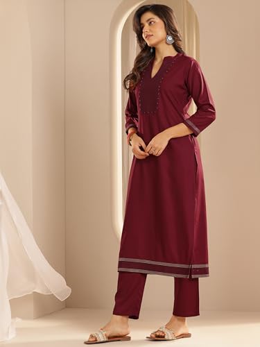 Image of Libas Maroon Yoke Design Viscose Straight Kurta set for Women | daily wear suit