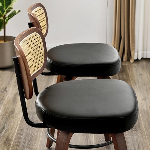 Image of Natural Rattan Bar Stools Set of 2,Upholstered PU Leather, 26'' Counter Height Barstools with Back and Wood Legs,360Swivel,Mid-Century Modern Bar Stool for Kitchen Island Dining Room and Bar(Black)
