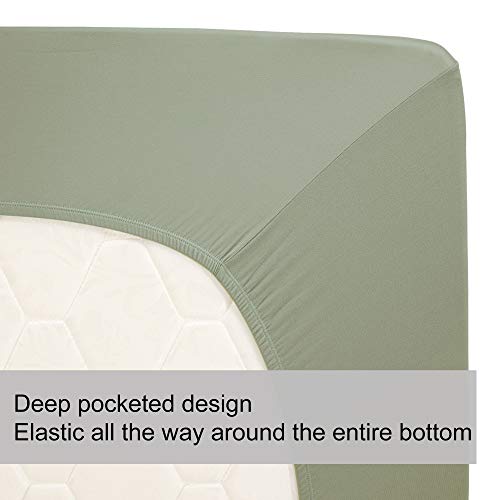 Image of Soft Stretch Queen Size Fitted Sheet Only - Jersey Knit & Cozy T-Shirt Like, 4-Way Stretchy Snug Fit & Wrinkle Free, No More Slipping Mattress Sheets - Sage Green, Queen
