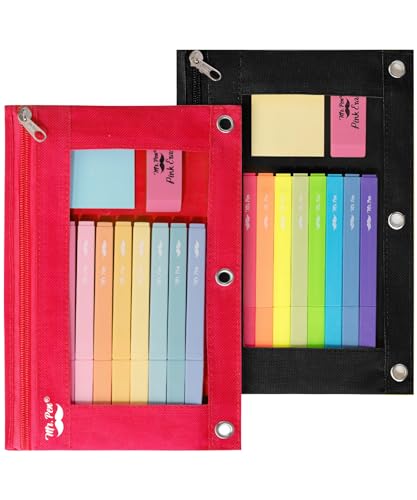 Image of Mr. Pen- Pencil Pouch for 3 Ring Binder, 2 Pack, 10 inchx6.75 inch, Smooth Zipper | Clear Window, Large Capacity Pencil Case with 3 Reinforced Grommets for School, Office, Supplies Storage | Clear Window, Large Capacity Pencil Case with 3 Reinforced Grommets for School, Office, Supplies Storage