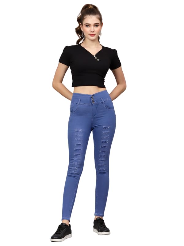 Image of Women s Three Button Plan Design Blue Skinny Fit High Rise Full Length Clean Look Denim Stretchable Jeans