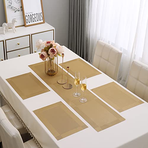 Image of HOKIPO Pvc Dining Table Mat 4 Pieces With Runner (Ar3125), Gold