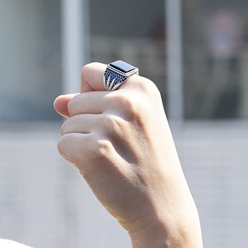 Image of 925 Sterling Silver Ring with Solid Polished Rectangle Black Onyx Ring,Black Square Stone Turkish Ottoman Signet Rings, Sterling Silver Stone, Agate