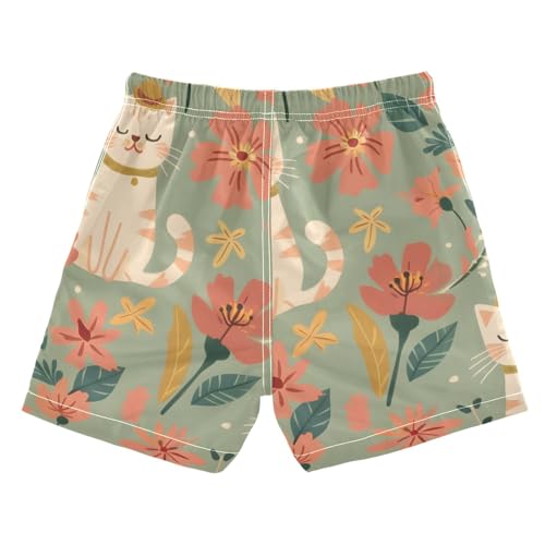 OREZI Boys Swim Shorts Cartoon Cat and Red Flower Bathing Suit for Kids Teens2