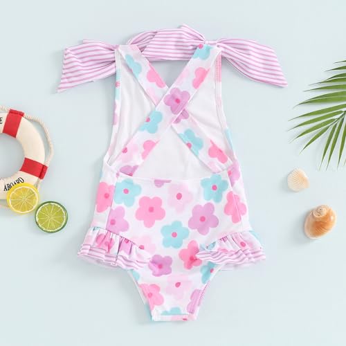 Image of Toddler Kids Girl One Piece Swimsuit Floral Sleeveless Backless Swimwear Bowknot Ruffled Bathing Suit Beachwear