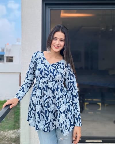 Image of Women's Floral Print Reyon Peplum Top - Casual Loose Fit 3 /4 Sleeve Tunic top, Stylish V-Neck Flared Kurti, Comfortable Everyday Wear