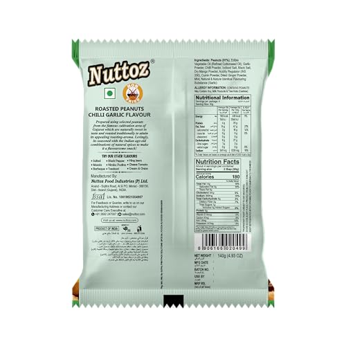 Image of Nuttoz Roasted Peanut Chilli Garlic - Pack of 2 (140gm each) | Jumbo Roasted Moongfali | Non Fried Ready to Eat Healthy Snack | Crunchy Snack and Namkeen
