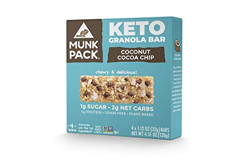 Munk Pack Keto Granola Bar Coconut Cocoa Chip, Grain Free and Vegan Free, 1g Sugar, 2g Net Carbs, 4g Protein (Pack Of 4)
