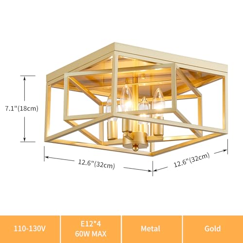 ElegLumi Square Ceiling Light, 4-Light Flushmount Modern Close to Ceiling Light Fixture for Living Room, Bedroom, Dining Room, L13 x W13 x H7 inch, Gold Finish Frame by ElegLumi - Used condition - Image 3
