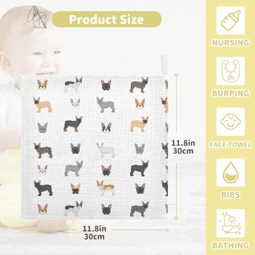 Image of vvfelixl Baby Cotton Washcloths Different French Bulldog Infants Bath Towel for Unisex Puppy Face Towels for Newborn, Natural Baby Wipes Delicate Skin, 11.8 X 11.8 inch, one sizex5