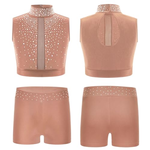 renvena Kids Girl's Gymnastics Dance Outfit Active Clothes Set 6-16 Years Crop Top with Sport Shorts