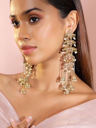 Image of Rubans Long Jhumka Earrings with Ear Chain Pearl Beaded Traditional Wedding Jewellery Gift for Women & Girls