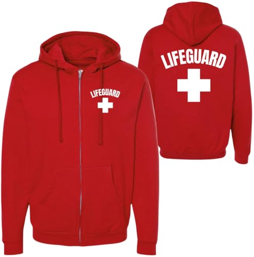 Lifeguard + White Cross Full Zip Hoodie Sweatshirt Life Guard Staff Unisex Pool Water Safety Rescue Hooded Adult Premium Red - XS