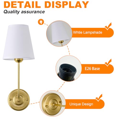 Image of PASSICA Wall Sconces Set of 2, Electroplated Gold Wall Sconces with White Fabric Shade, Hardwired Curved Arm Wall Lighting Fixtures for Bedroom, Bathroom Vanity, Living Room, Hallway, Farmhouse Decor