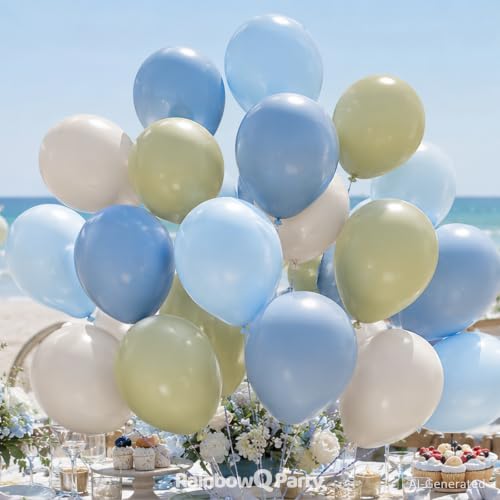 Image of RainbowQ Sage Green and Blue Balloons: 67PCS 12 inch Light Blue Green Sand White Latex Helium Dusty Balloons Set for Anniversary Boho Wedding Birthday Party Decorations