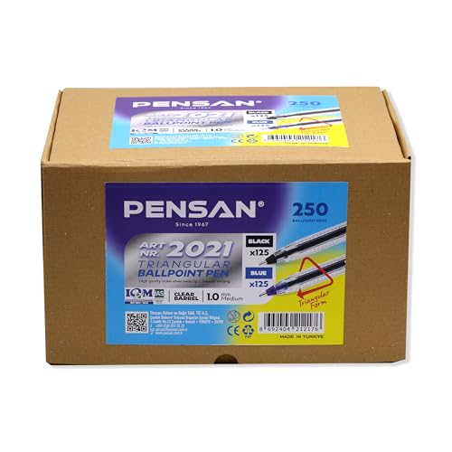 Image of PENSAN Ballpoint Pens Bulk Pack, 250-Count - (125 Black & 125 Blue) Ink Pens, 1.0mm Medium Point, Ergonomic Triangle Grip, Smooth Writing