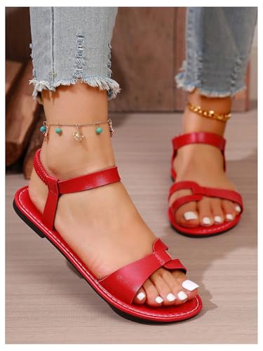 GORGLITTER Women's Red Strappy Ankle Strap Sandals Fisherman Cut Out Dressy Open Toe Flat Sandals 20253