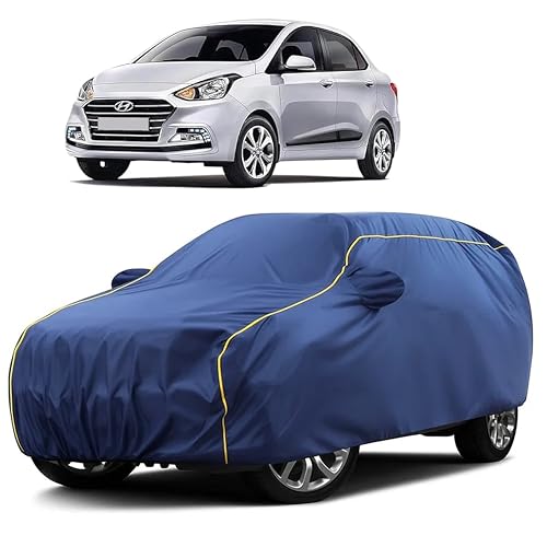 Image of Sulfar 100% Water Resistant Car Body Cover Compatible with Mirror for Hyundai Xcent (Triple Stitched, Full Bottom Elastic, Blue Taffeta with Yellow Piping)