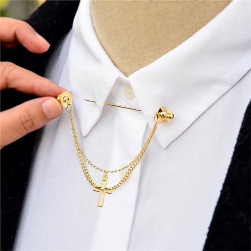 Image of Chain Lapel Pin Collar Bar Tassel Brooch Classic Ball Head Brass Shirt Collar Bar Tie Pins for Men Wedding Business