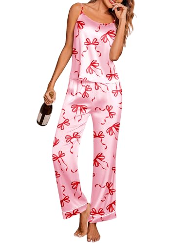 Image of Ekouaer Silk Pajamas for Women Set Tank Top Pj Sets 2 Piece Lounge Set | Satin Womens Pajama Sets Sexy Sleeveless Loungewear Long Pants Sleepwear Soft Cami Pjs Sets with Pocket S-XXL