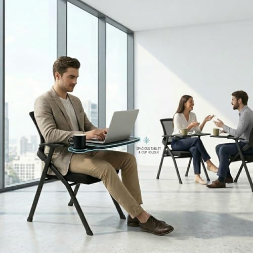 Image of 12 Pack Heavy Duty Folding Conference Chairs with Desk Attached, Cup Holder | Space-Saving Commercial Training Chair, Foldable Office Meeting Chair with Padded Seat & Tablet Arm, Classrooms, Seminars