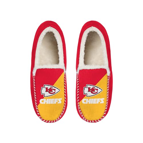FOCO NFL Unisex-Adult Officially Licensed Color Block Primary Logo Sherpa Lined Moccasin Slippers (Kansas City Chiefs numeric_13)