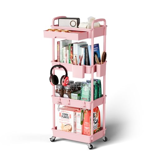 Image of Sorgion 4 Tier Rolling Cart Organizer,Art Craft Diaper Bedside Snack Laundry Room Bathroom Organizer Narrow Thin Slim Rolling Trolley Utility Cart with Wheels for Kitchen,Office(Pink)